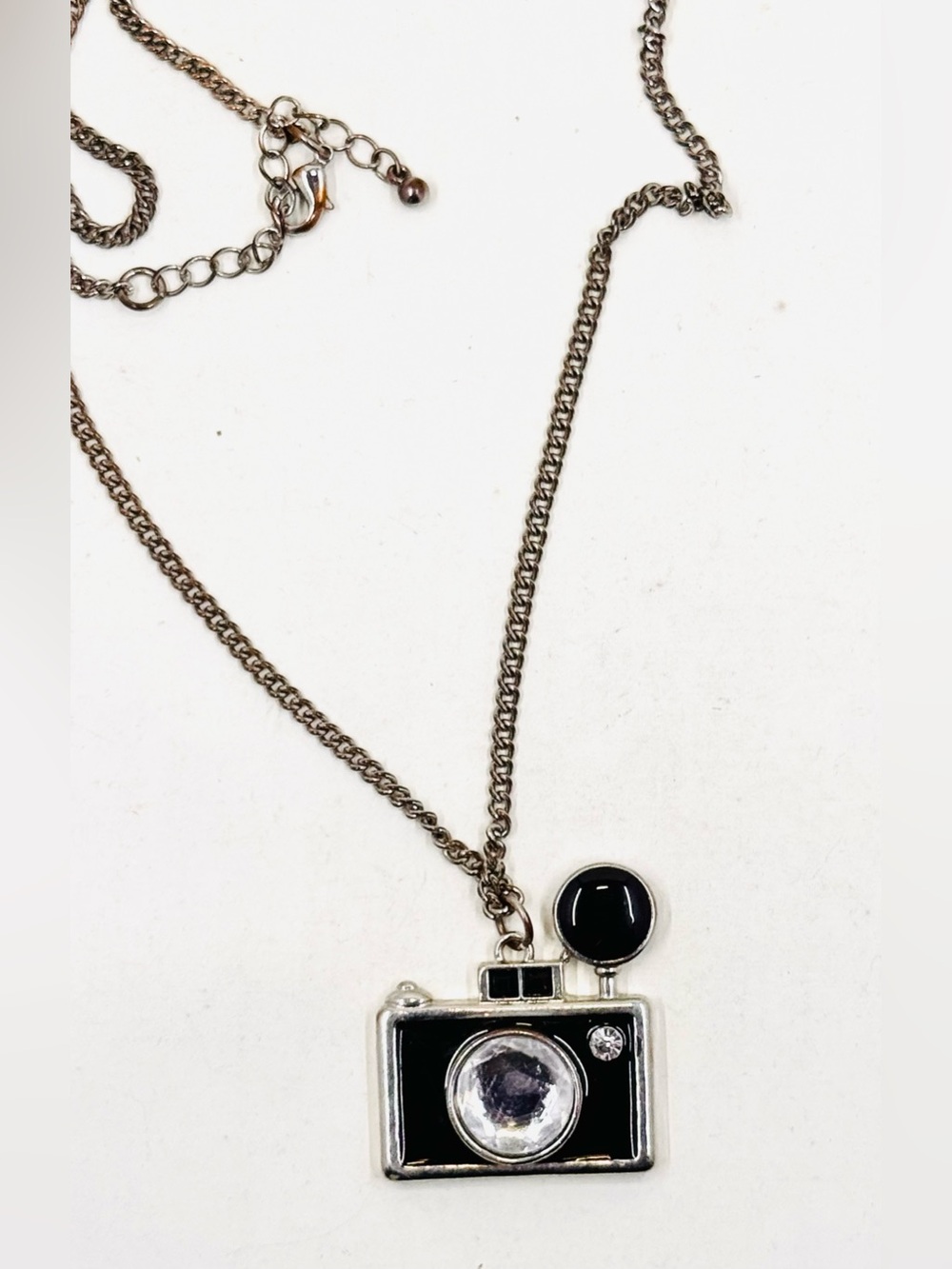 Silver Tone & Black Enamel Vintage Style Camera Pendant Necklace W/ 32” Chain